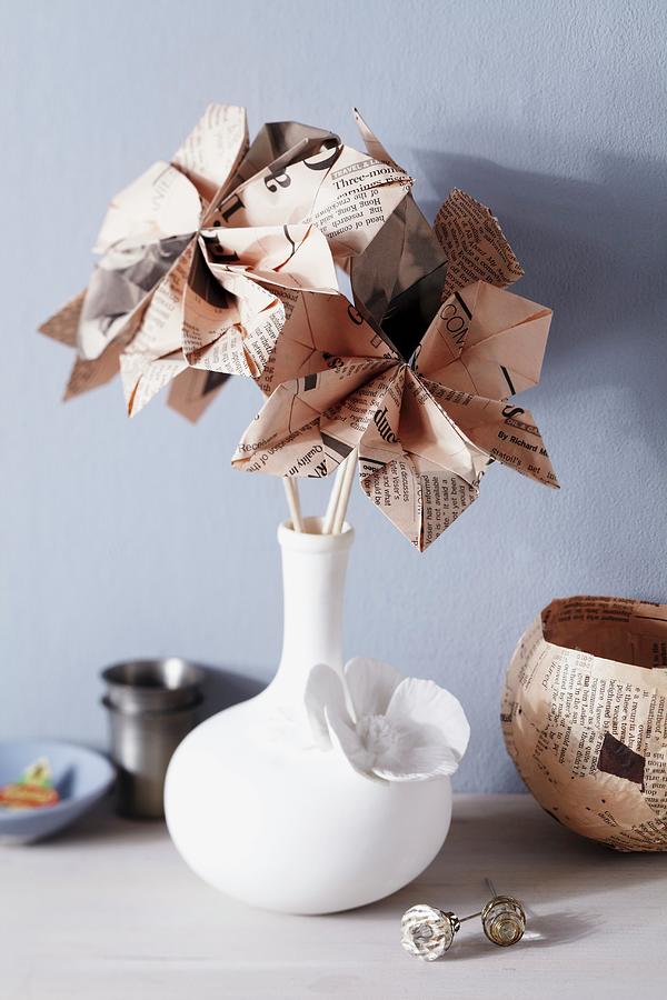 Bouquet Of Origami Newspaper Flowers And Newspaper Dish Photograph by Franziska Taube