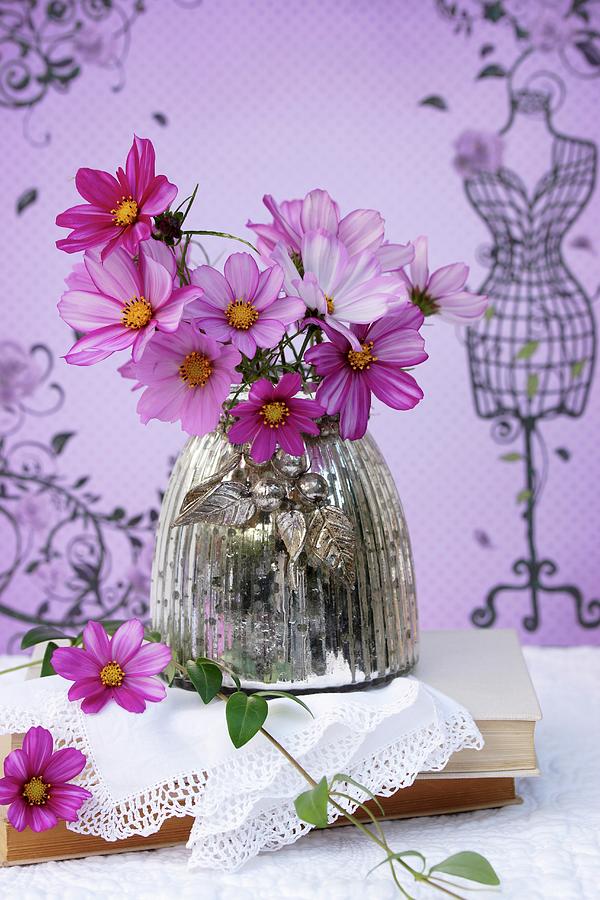 Bouquet Of Pink Cosmos In Silvered Glass Vase Photograph by Angelica Linnhoff