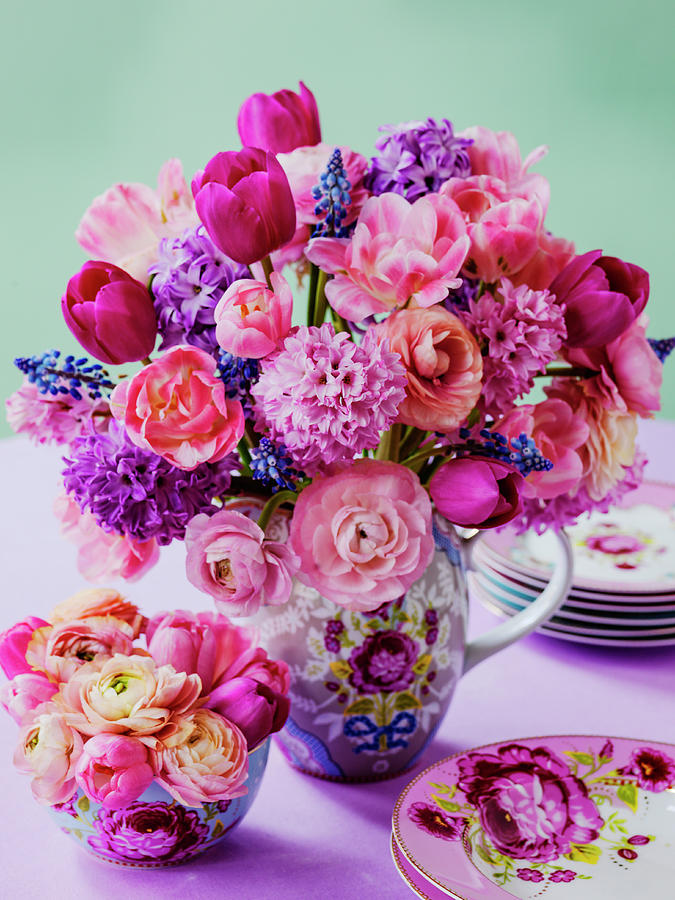 Bouquet Of Pink Spring Flowers With Tulips, Hyacinths And Ranunculus Photograph by Michael Paul