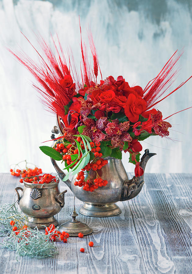 Bouquet Of Red-dyed Barley, Begonias, Rowan Berries And Poor-mans Orchids Photograph by Alena Hrbkov