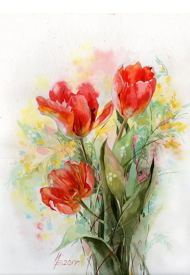 Bouquet of Red Tulips Painting by Ina Petrashkevich