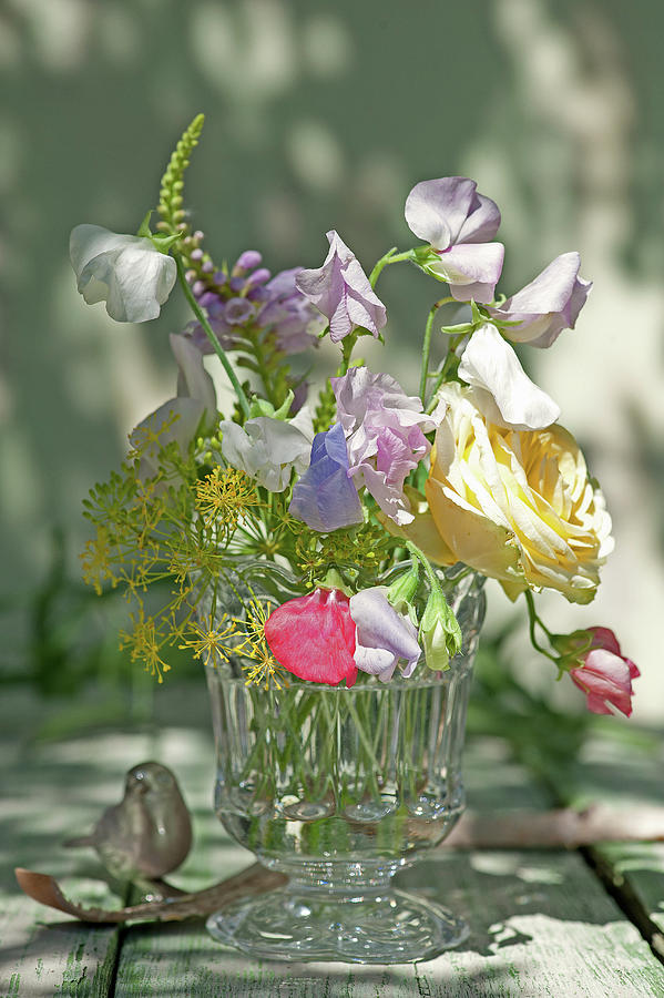 Bouquet Of Rose Blossoms, Sweet Peas, Obedient Plant, And Dill Photograph by Elisabeth Berkau