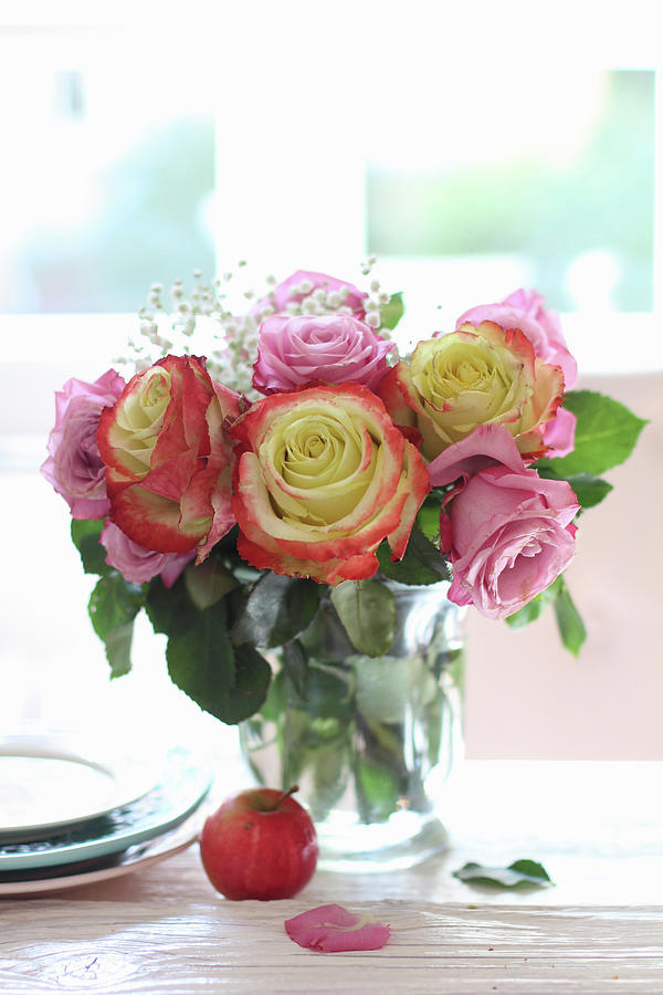 Bouquet Of Roses And Gypsophila In Vase On Table Photograph by Sylvia E.k Photography