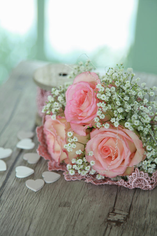 Bouquet Of Roses And Gypsophila Photograph by Sonja Zelano