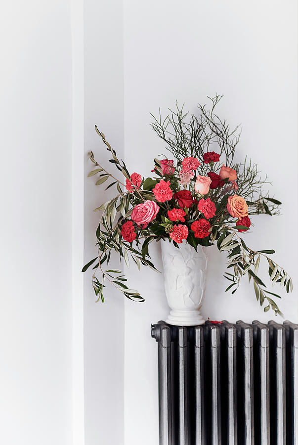 Bouquet Of Roses, Carnation And Olive Branches Photograph by Nicoline Olsen