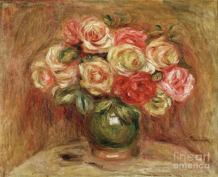 Bouquet Of Roses In A Green Vase Drawing by Heritage Images