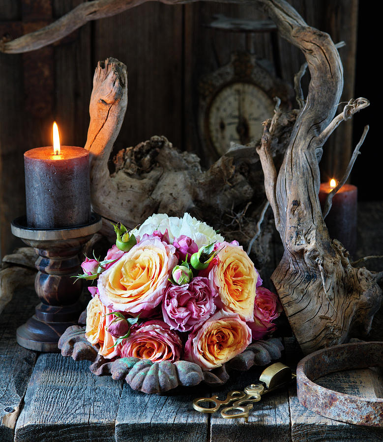 Bouquet Of Roses, Lit Candles And Dried Branches Photograph by Alena Hrbkov