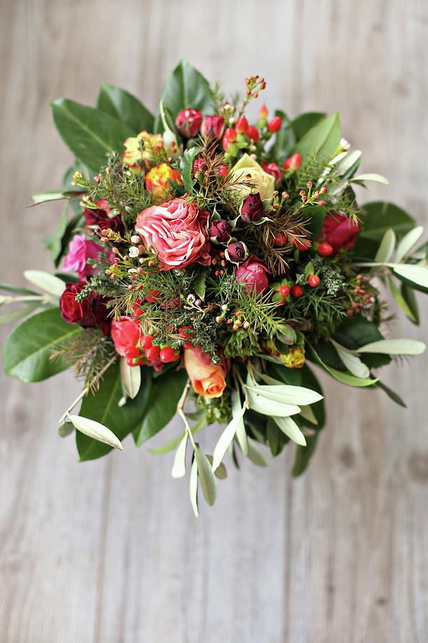 Bouquet Of Roses, Olive Branches, St. Johns Wort And Cherry Laurel Photograph by Alexandra Panella