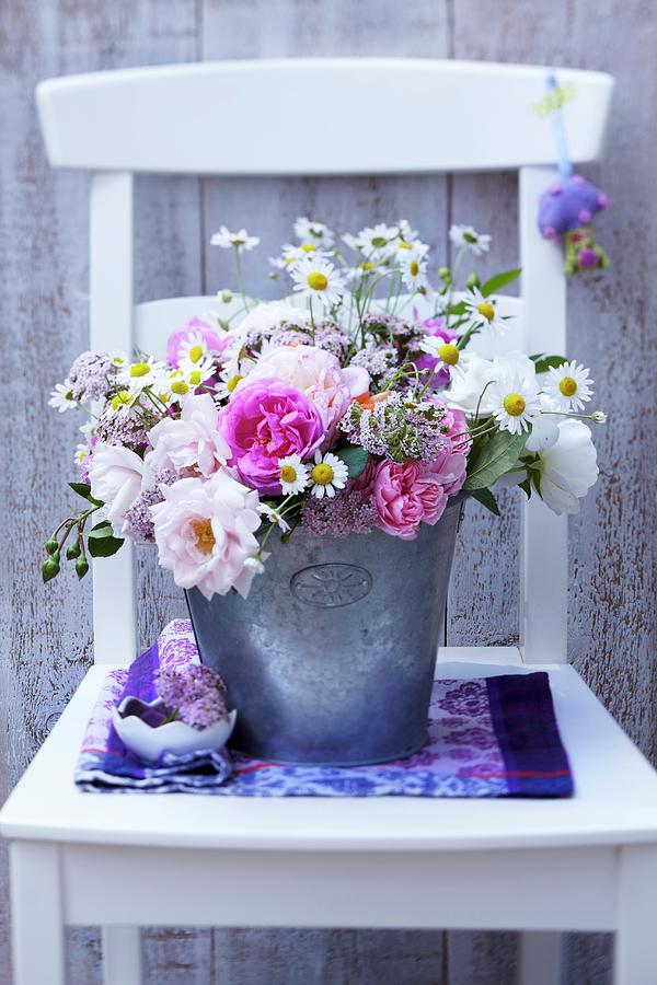 Bouquet Of Roses With Pink Yarrow And Chamomile In Zinc Bucket Photograph by Anke Schtz