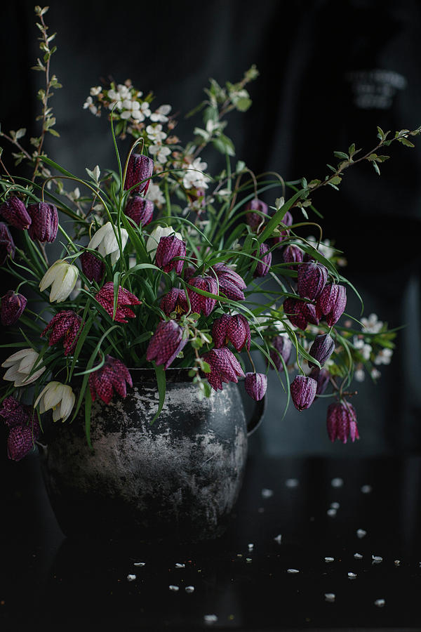 Bouquet Of Snakes Head Fritillary And Flowering Blackthorn Photograph by Giedre Barauskiene