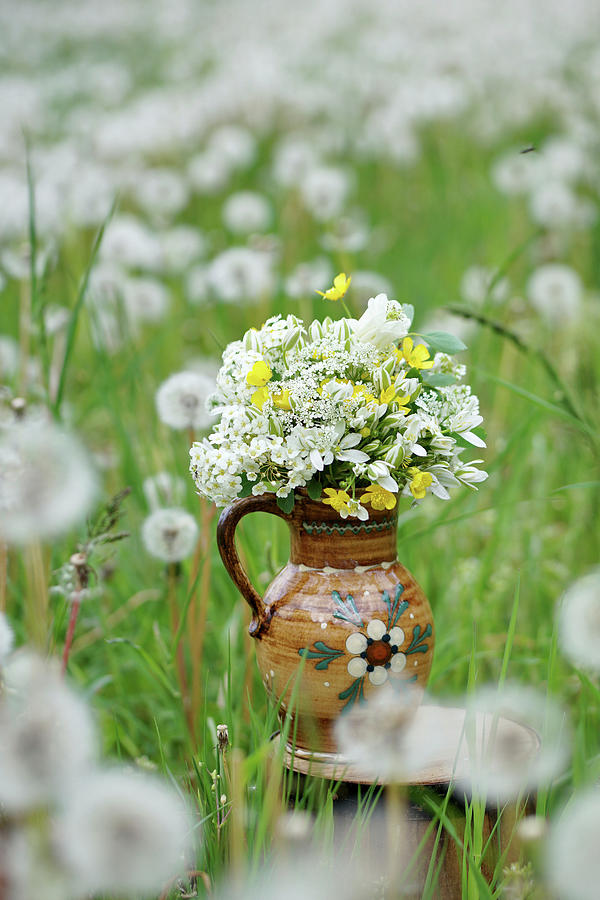 Bouquet Of Star-of-bethlehem, Buttercups And Spirea In Rustic Ceramic Jug Photograph by Angelica Linnhoff
