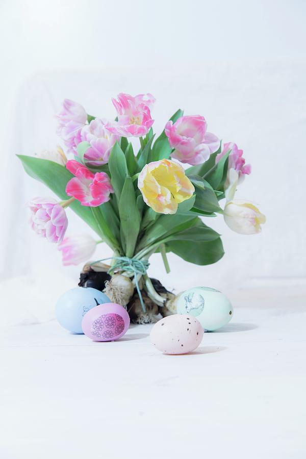 Bouquet Of Tulips And Decorated Easter Eggs Photograph by Bildhbsch