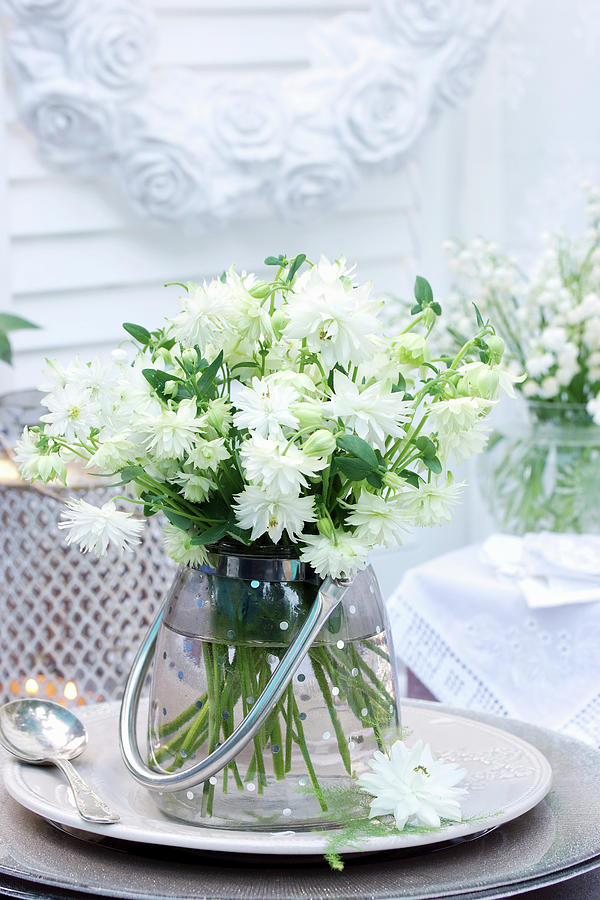 Bouquet Of White Aquilegia In Polka-dot Vase With Handle Photograph by Angelica Linnhoff