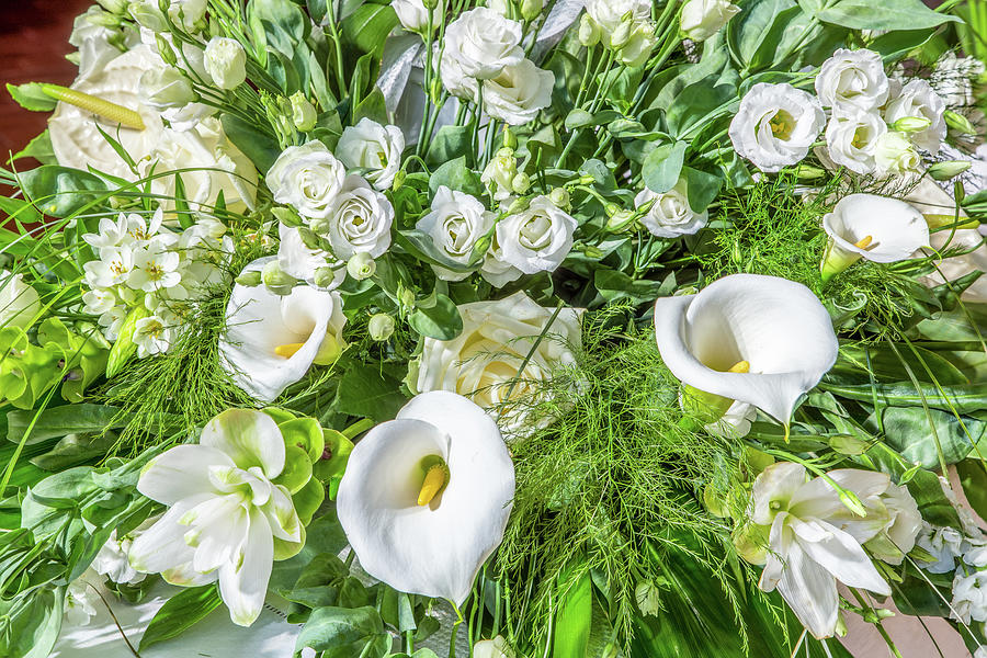 Bouquet Of White Flowers, Roses, Calla Lilies And Green Leaves Photograph by Vivida Photo PC
