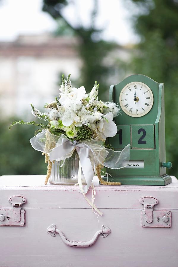 Bouquet Of White Flowers With Orchids Next To Vintage-style, Wooden Perpetual Calendar Photograph by Alicja Koll