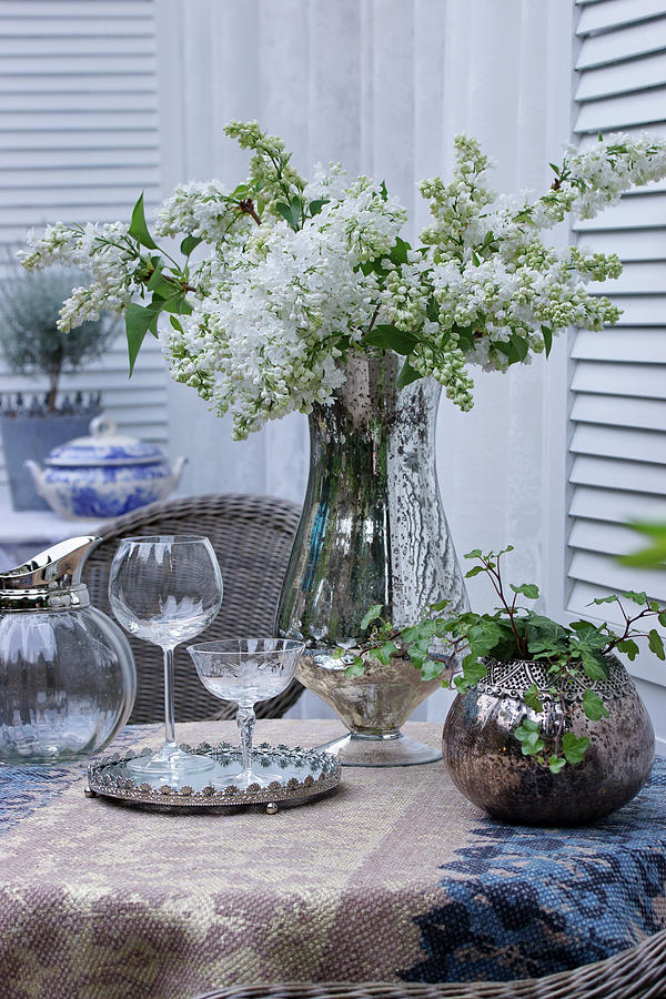 Bouquet Of White Lilac In Silver Vase Photograph by Angelica Linnhoff