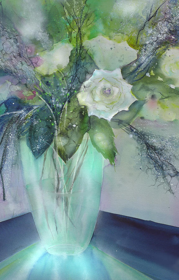 Bouquet of white roses in vase Painting by Sabina Von Arx