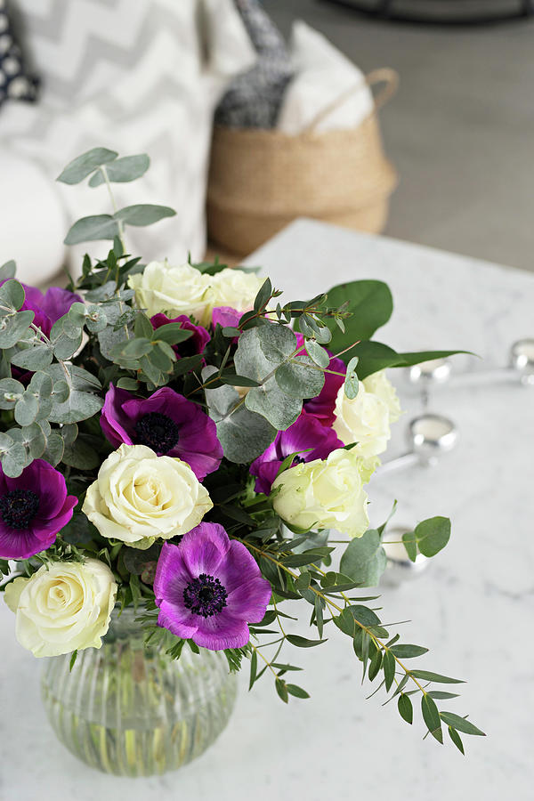 Bouquet Of White Roses, Purple Anemones And Eucalyptus Photograph by Cecilia Mller