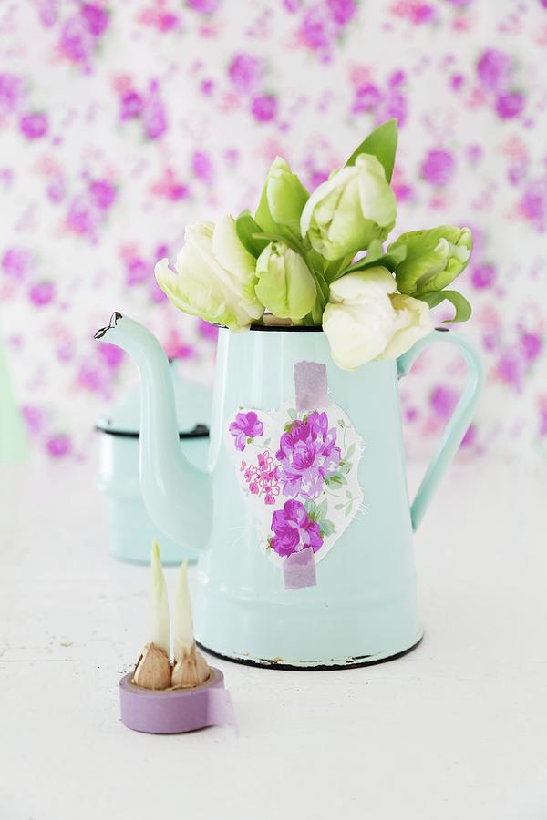 Bouquet Of White Tulips In Nostalgic, Pale Blue Coffee Pot Arranged Against Lilac Background Photograph by Syl Loves