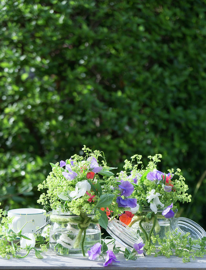 Bouquets Of Sweet Peas And Ladys Mantle In Mason Jars Photograph by Martina Schindler