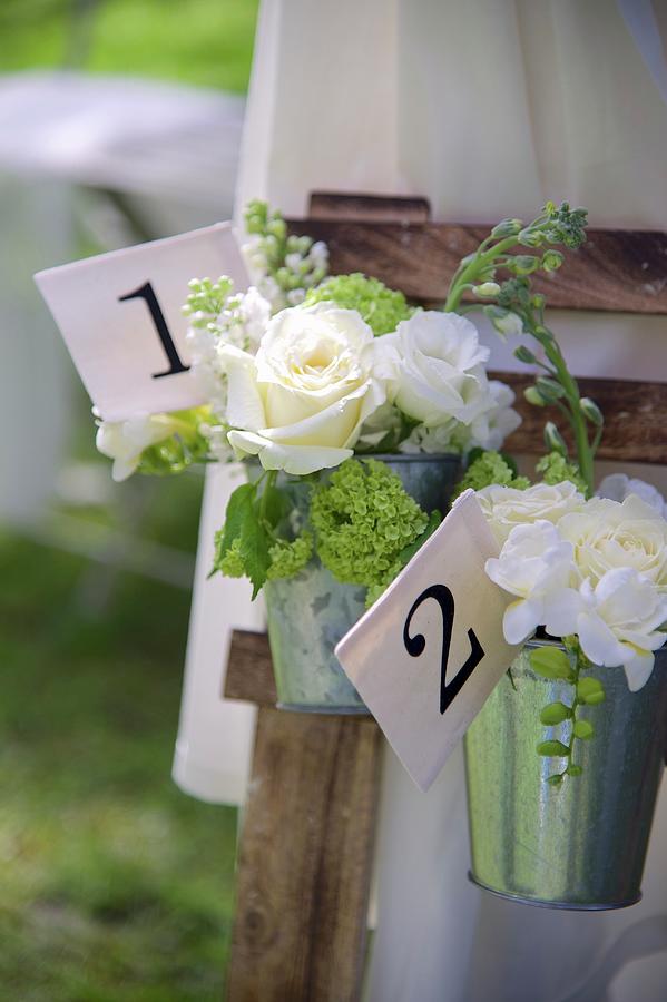 Bouquets Of White Roses In Zinc Buckets With Numbered Labels Photograph by Winfried Heinze