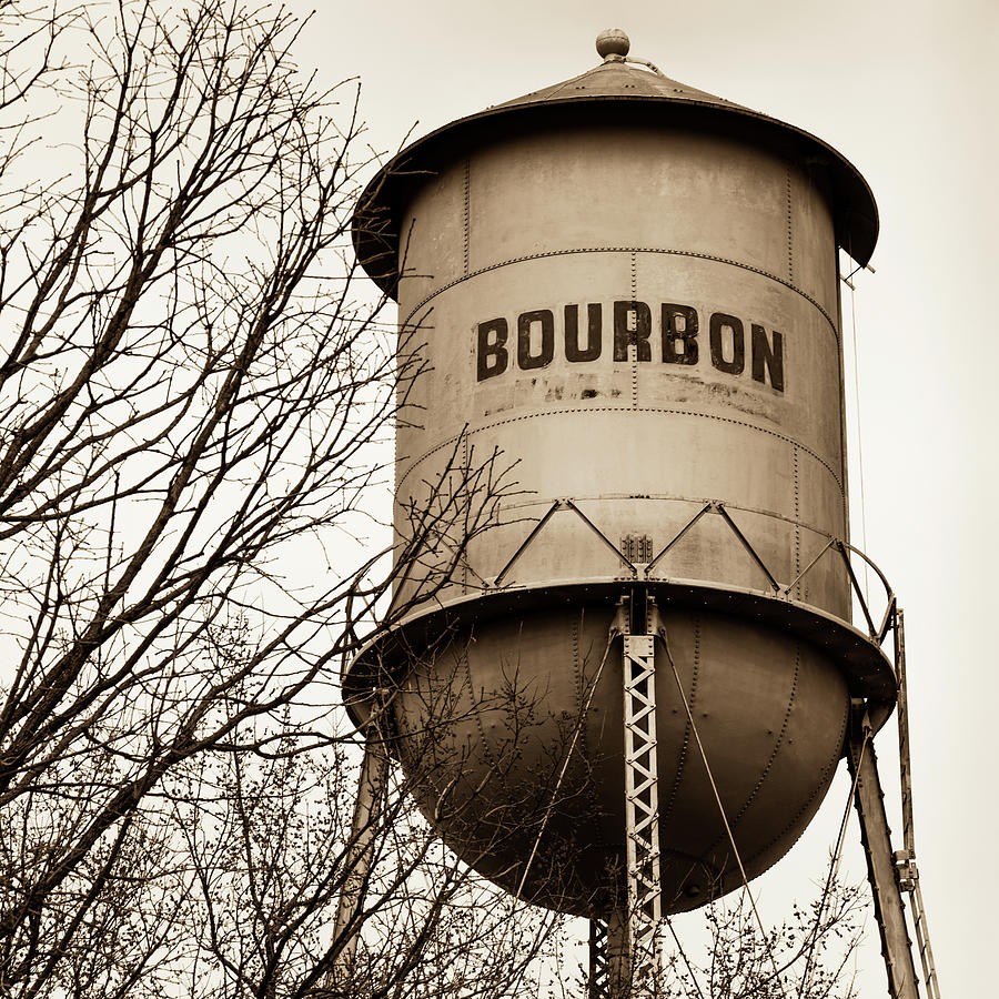 Bourbon Sepia Vintage Tower With Branches - Missouri Square Format Photograph by Gregory Ballos