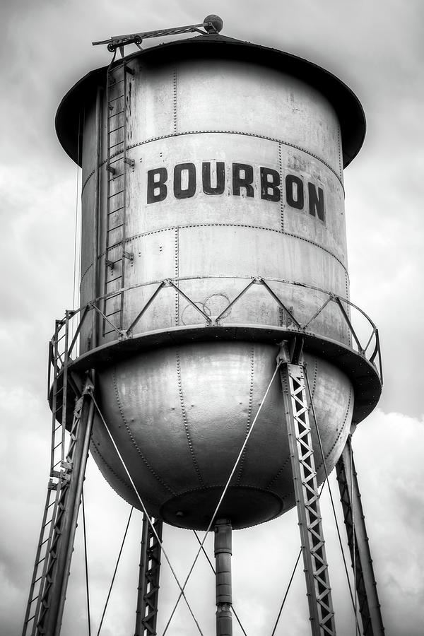 Black And White Photograph - Bourbon Vintage Water Tower Up Close - Monochrome by Gregory Ballos