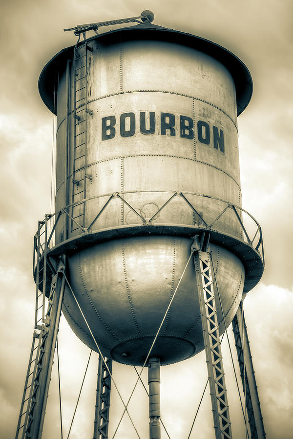America Photograph - Bourbon Vintage Water Tower Up Close - Sepia by Gregory Ballos