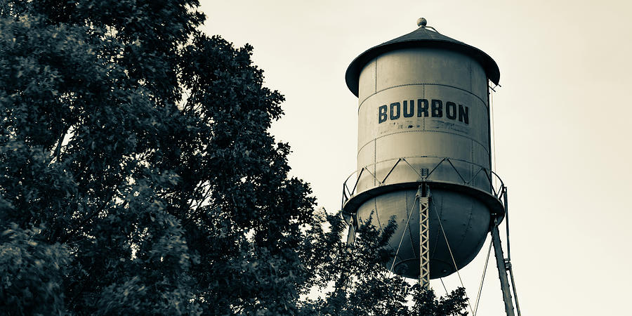 Bourbon Water Tower And Foliage - Sepia Panoramic Edition Photograph by Gregory Ballos