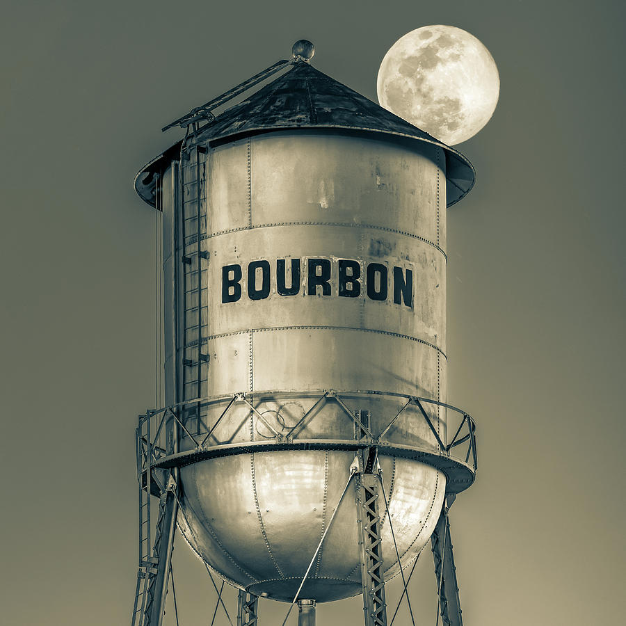 America Photograph - Bourbon Water Tower and Full Supermoon in Sepia by Gregory Ballos