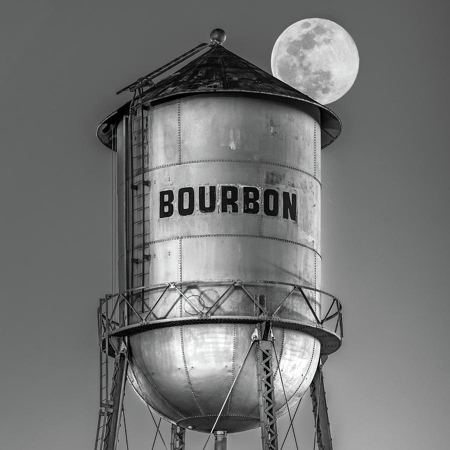 Black And White Photograph - Bourbon Water Tower and Full Supermoon Monochrome by Gregory Ballos