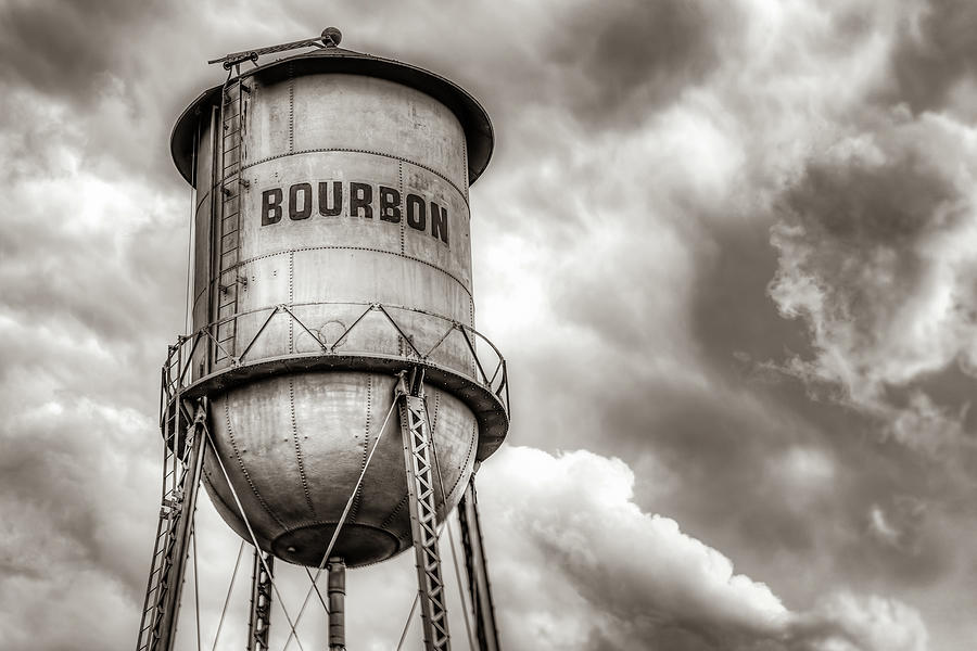 Bourbon Water Tower Whiskey Barrel With Clouds - Sepia Edition Photograph by Gregory Ballos