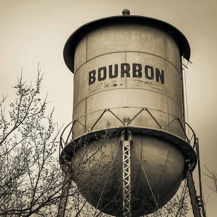 Bourbon Whiskey Barrel Water Tower - Sepia Edition 1x1 Photograph by Gregory Ballos