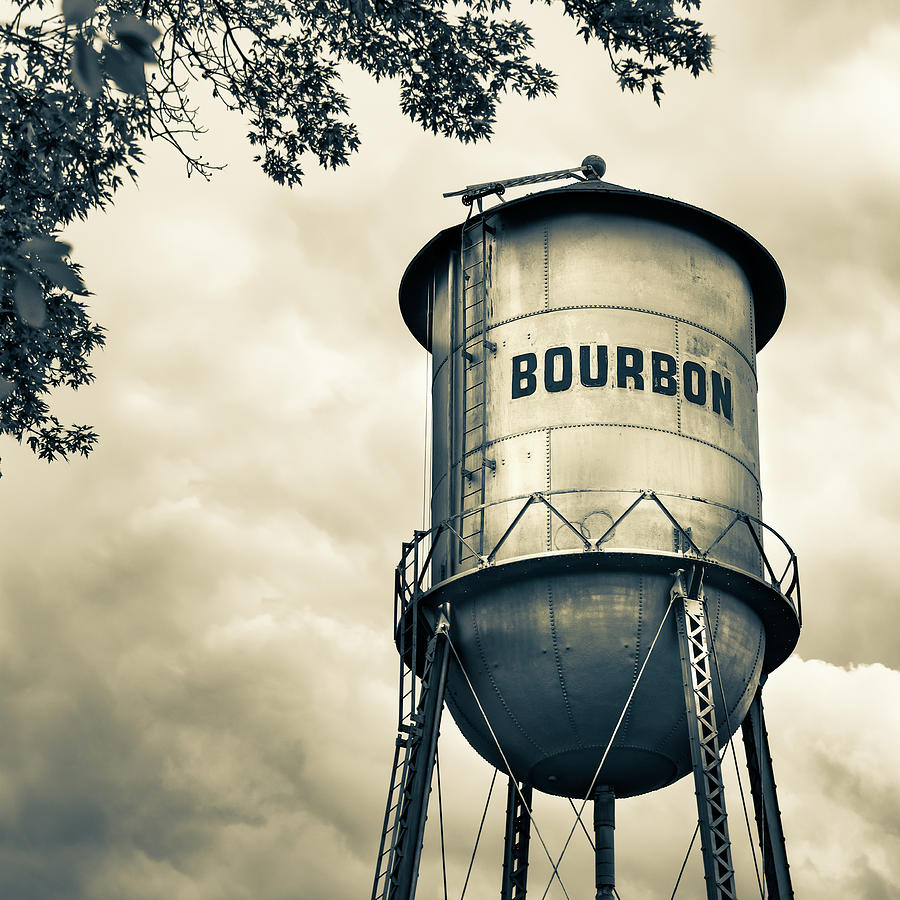 America Photograph - Bourbon Whiskey Water Tower and Clouds - Vintage Sepia Edition by Gregory Ballos