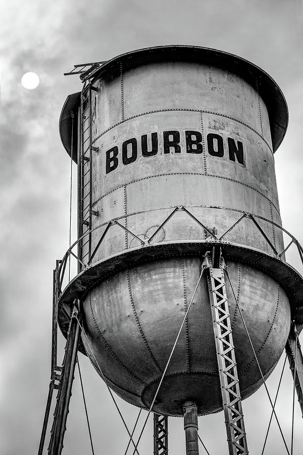 Black And White Photograph - Bourbon Whiskey Water Tower Under The Sun - Monochrome Edition by Gregory Ballos
