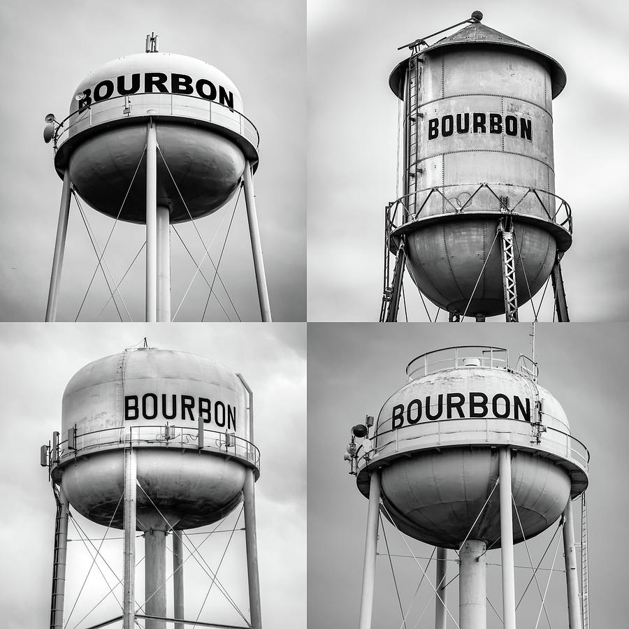 Bourbon Whiskey Water Tower Collage - Monochrome 1x1 Photograph