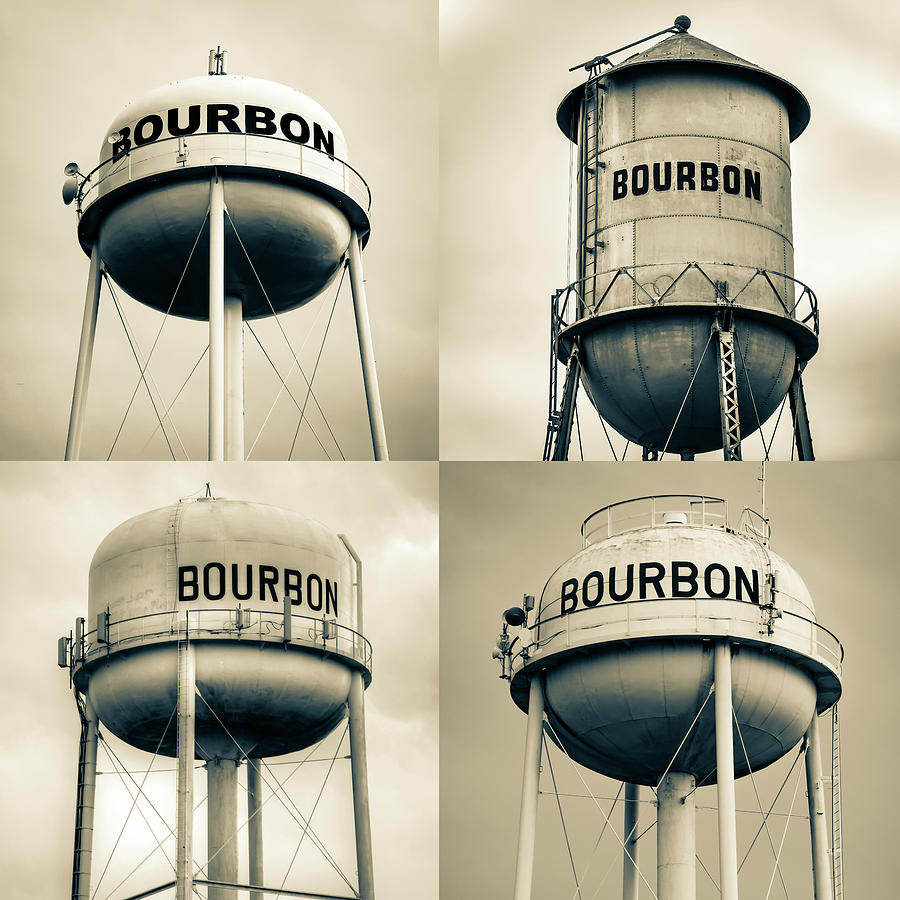 Bourbon Whiskey Water Tower Collage - Vintage Sepia 1x1 Photograph by Gregory Ballos