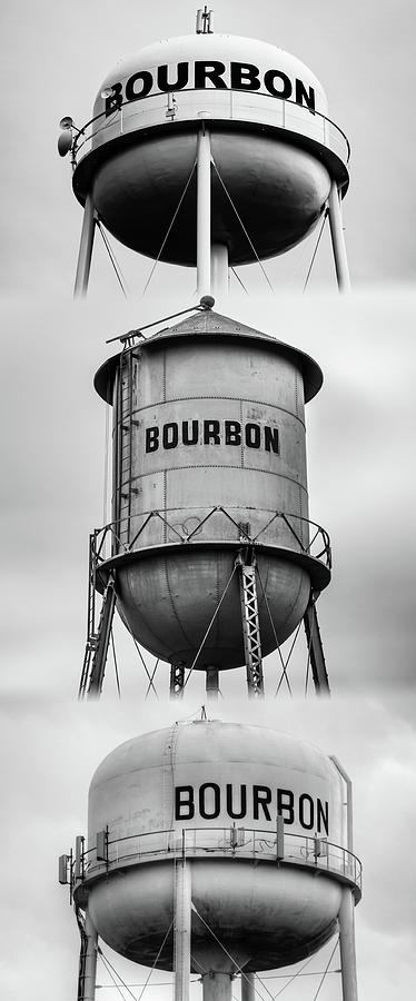 Black And White Photograph - Bourbon Whiskey Water Tower Vertical Collage - Monochrome Edition by Gregory Ballos