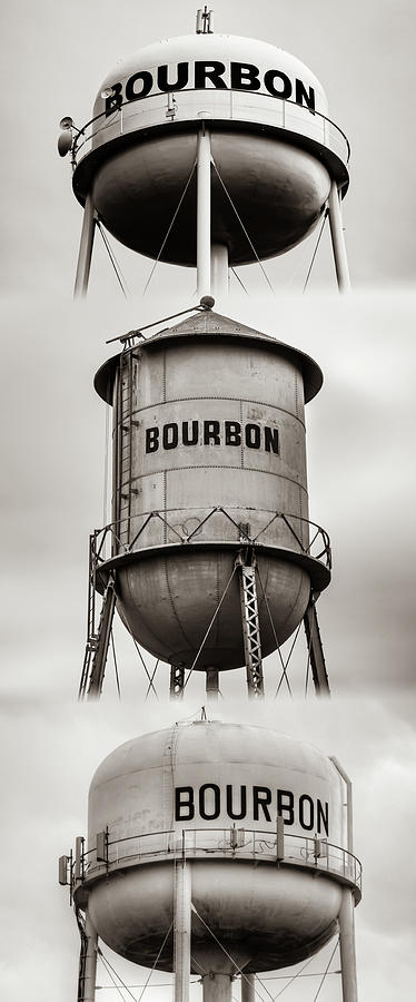 America Photograph - Bourbon Whiskey Water Tower Vertical Collage - Sepia Edition by Gregory Ballos