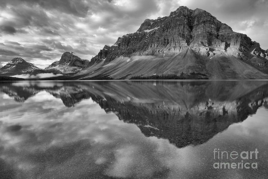 Bow Lake Stormy Summer Sunrise Reflections Black And White Photograph by Adam Jewell