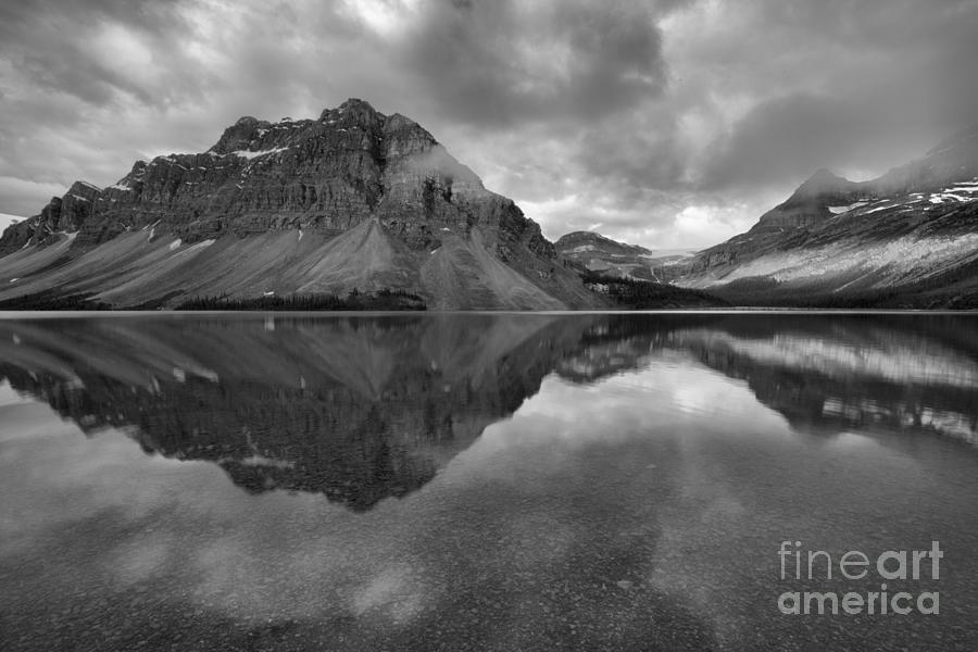 Bow Lake Sun Streak Reflections Black And White Photograph by Adam Jewell