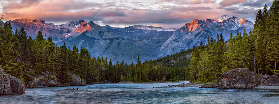 Bow River Sunset reflections Panorama Photograph by Dave Dilli