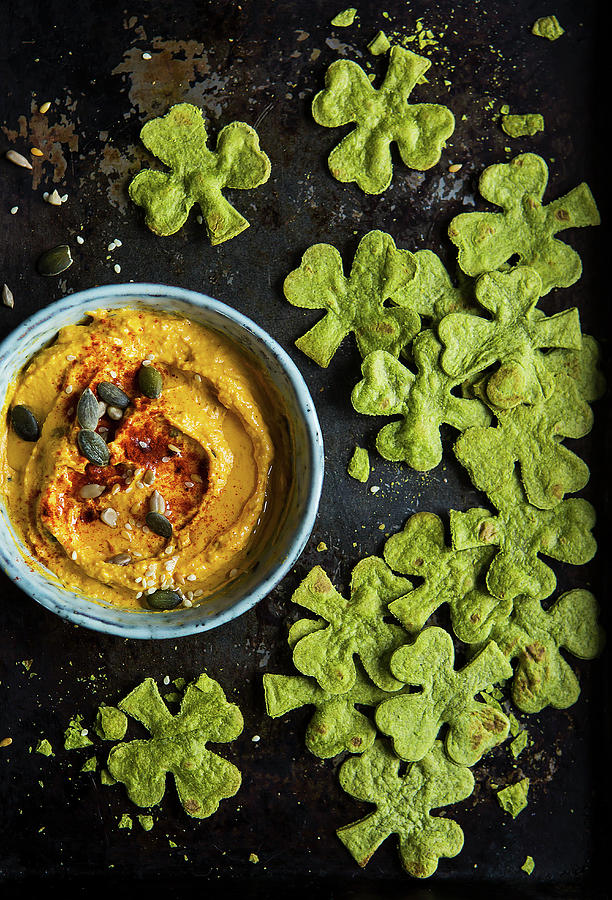Bowl Of Morrocan Spiced Hummus Dip With Spinach Tortilla Crisp Chips Photograph by Stacy Grant