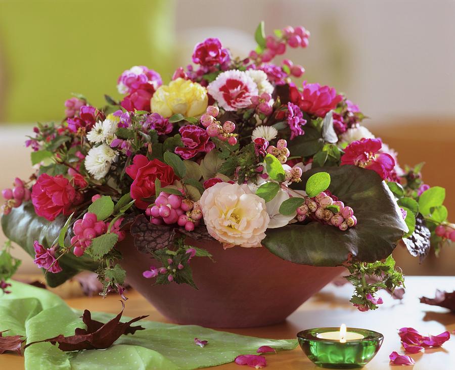 Bowl Of Roses, Pinks And Pink Snowberries Photograph by Friedrich Strauss