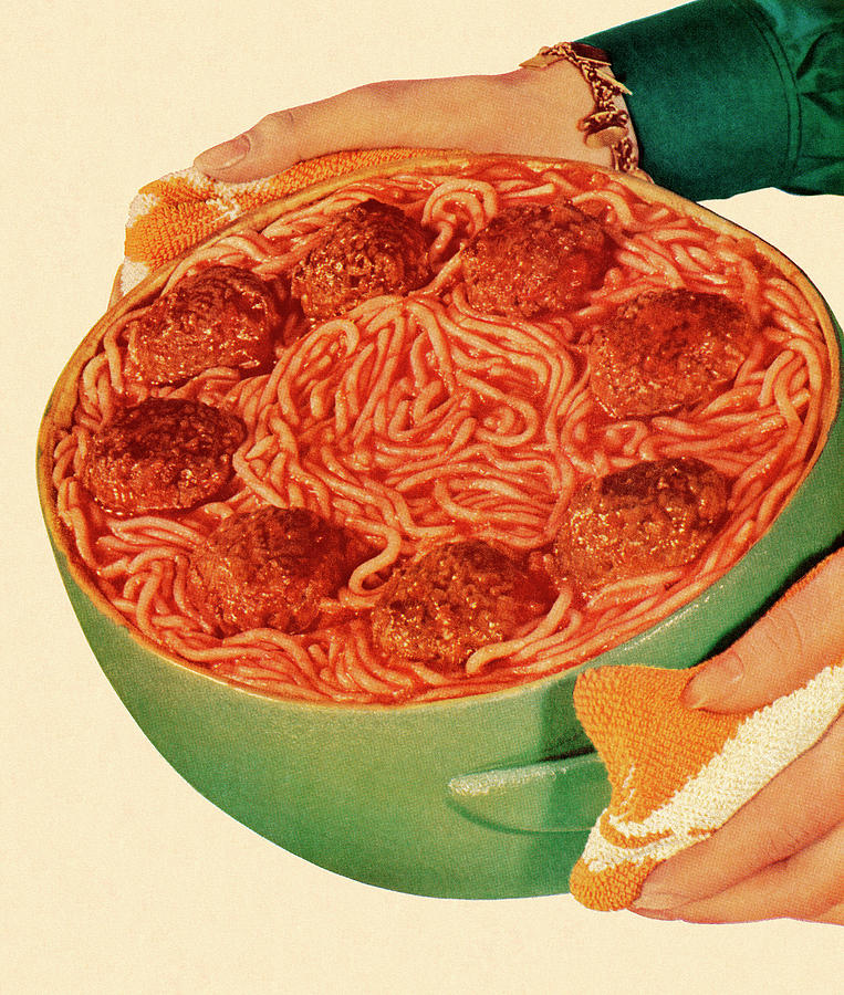 Vintage Drawing - Bowl of Spaghetti and Meatballs by CSA Images