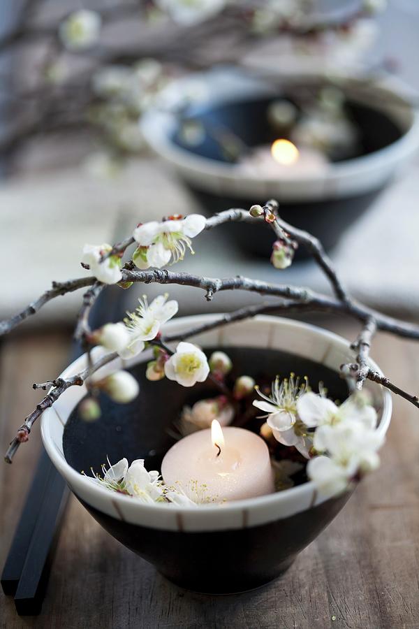 Bowl With Candle And Plum Blossom Photograph by Martina Schindler