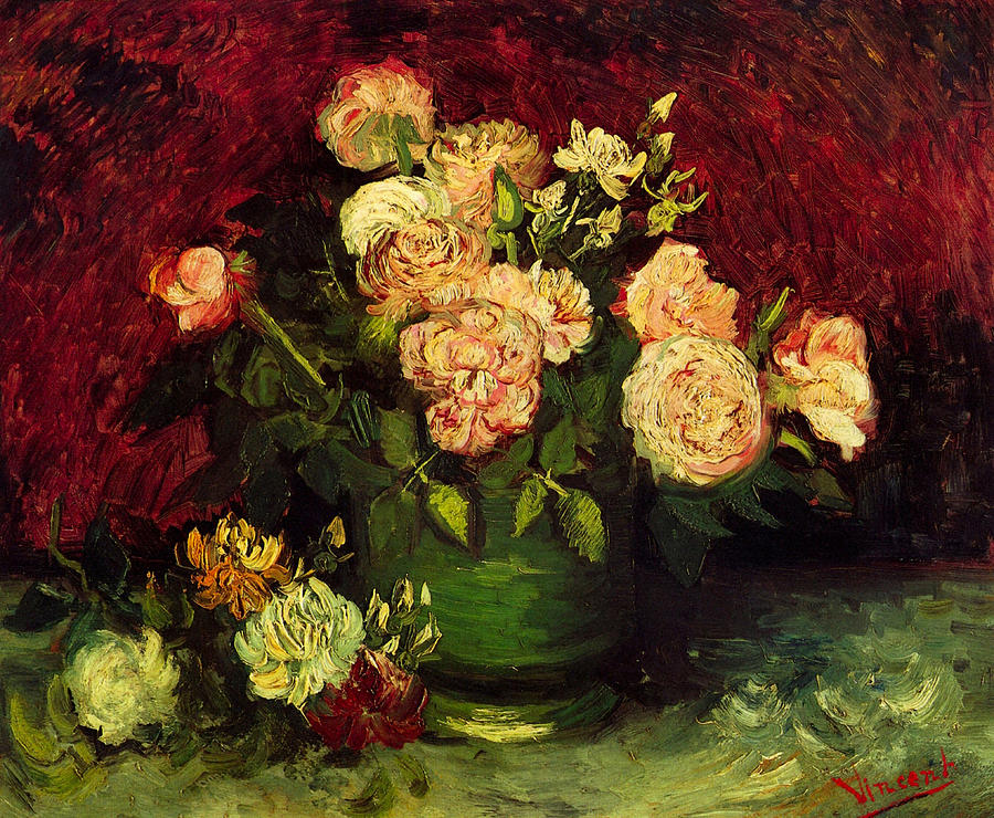 Bowl with Peonies and Roses Painting by 