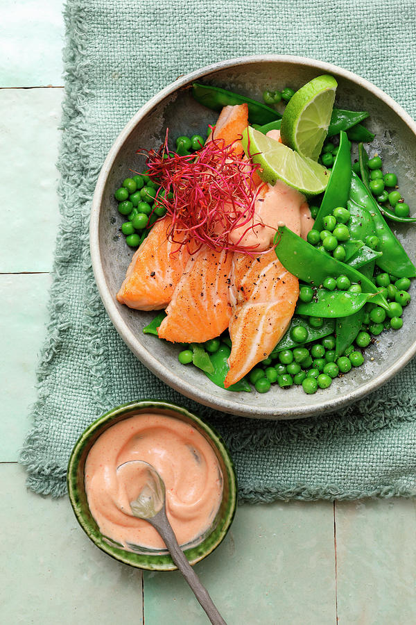 Bowl With Sugar Snap Peas And Pea Salad And Salmon Photograph by Mathias Neubauer / Stockfood Studios