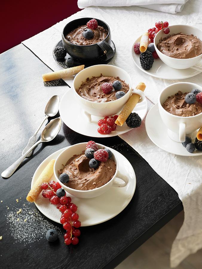 Bowls Of Chocolate Mousse With Fruit Photograph by Jan-peter Westermann