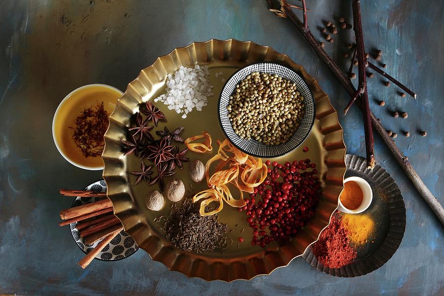 Bowls Of Spices On A Blue Background Photograph by Regina Hippel